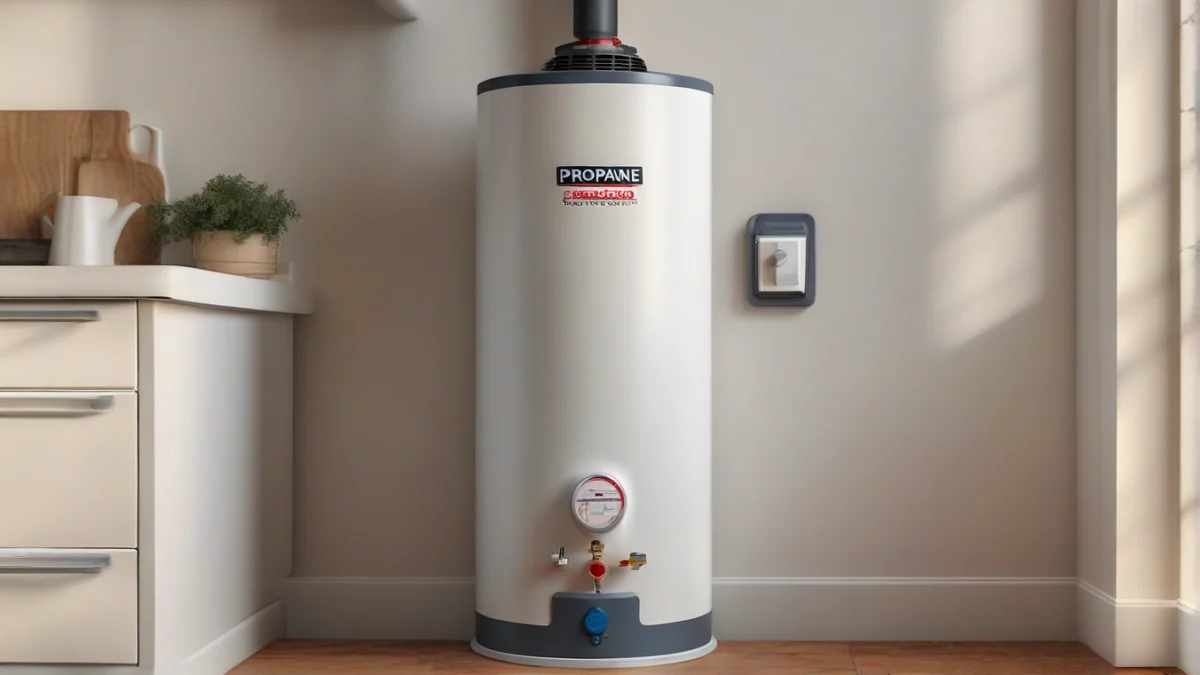 A propane on demand hot water heater installed in a kitchen
