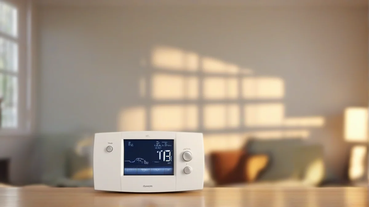 A programmable thermostat displaying temperature settings in a living room.