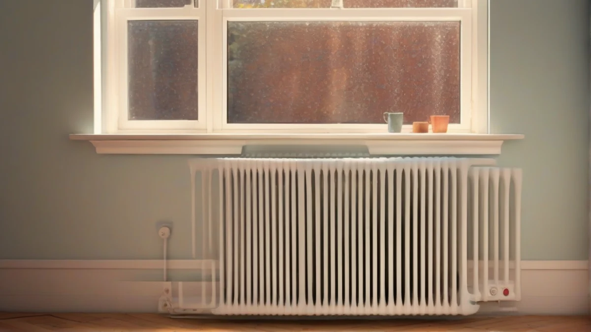 A wall-mounted radiator heater positioned under a window in a bedroom.