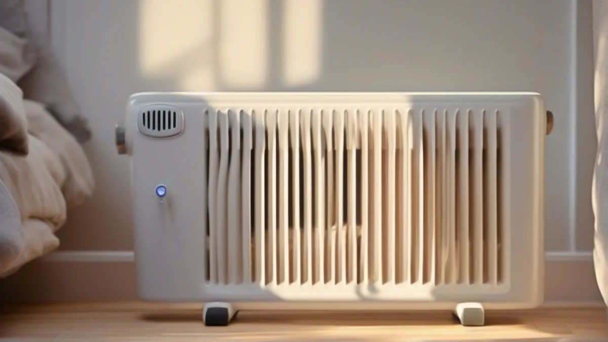 A Palley oil heater placed beside a bed in a serene bedroom.