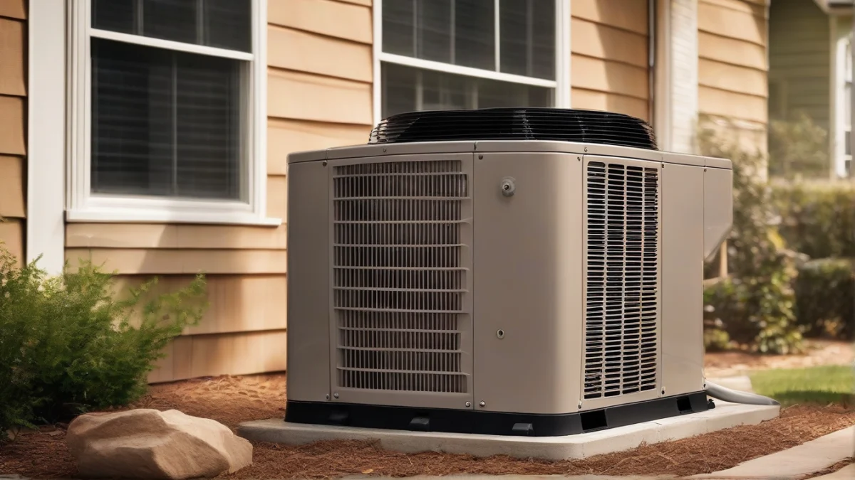 An outdoor heat pump compressor unit installed beside a house.