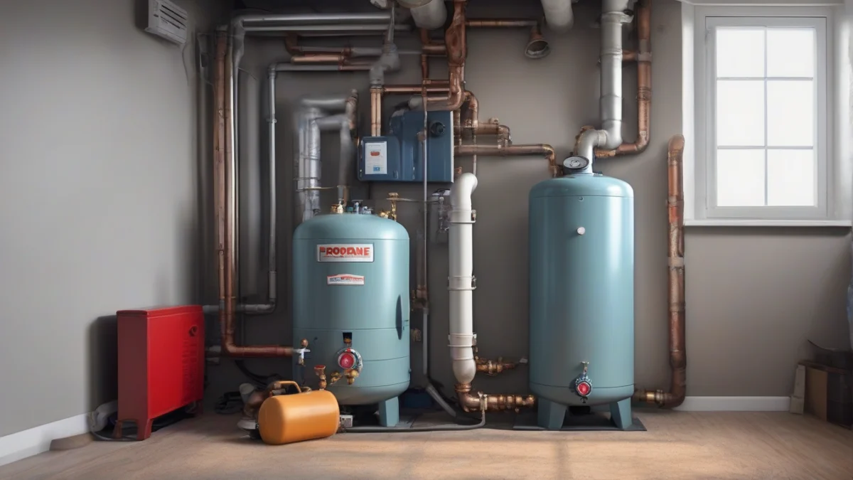 A propane fired home heating boiler installed in a residential basement.