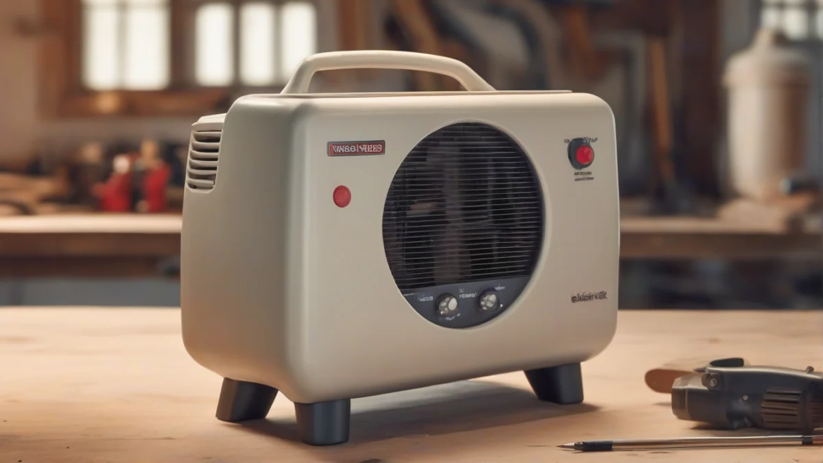 A quartz heater providing direct warmth on a workshop bench