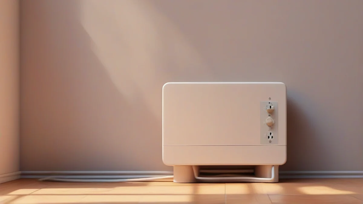 A quartz heater's power cord connected to an electrical outlet.