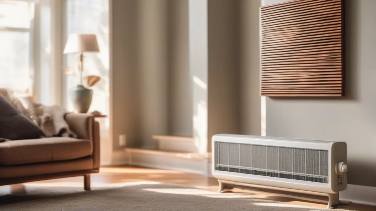 A quartz radiant heater mounted on a wall, emitting heat.