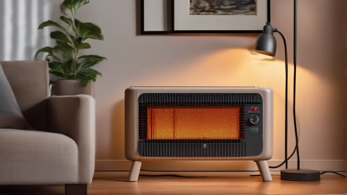A plug-in electric space heater on a wooden floor, providing warmth.