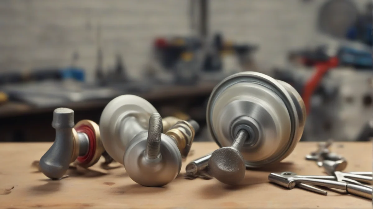 various types of wall heater knobs displayed on a workbench