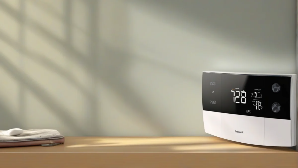A digital programmable thermostat displaying temperature settings.