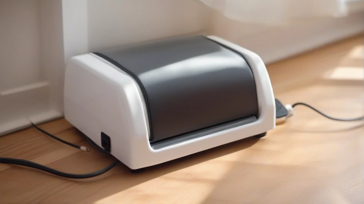 A compact electric foot warmer placed under a desk.
