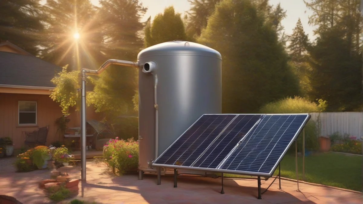 a solar water heater tank surrounded by greenery