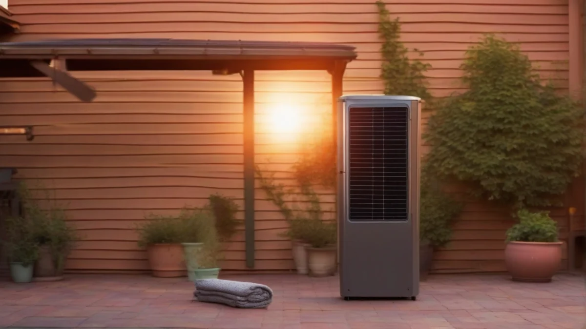 A solar powered outdoor heater positioned on a patio with warm light