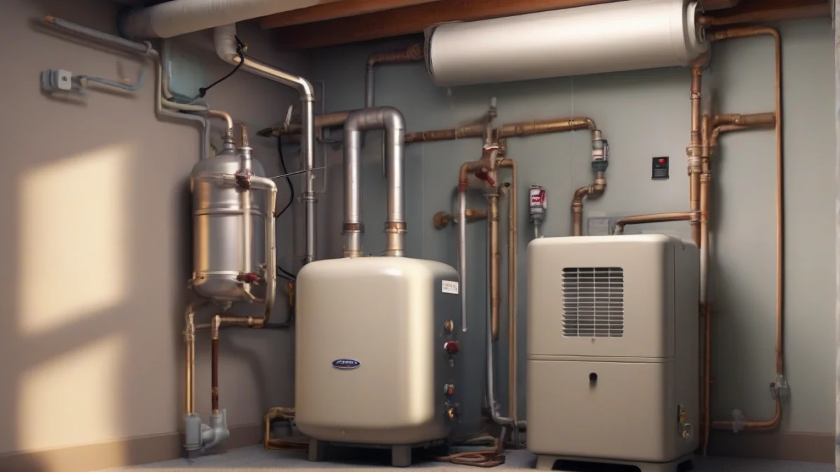 A propane furnace connected to venting pipes for safety.