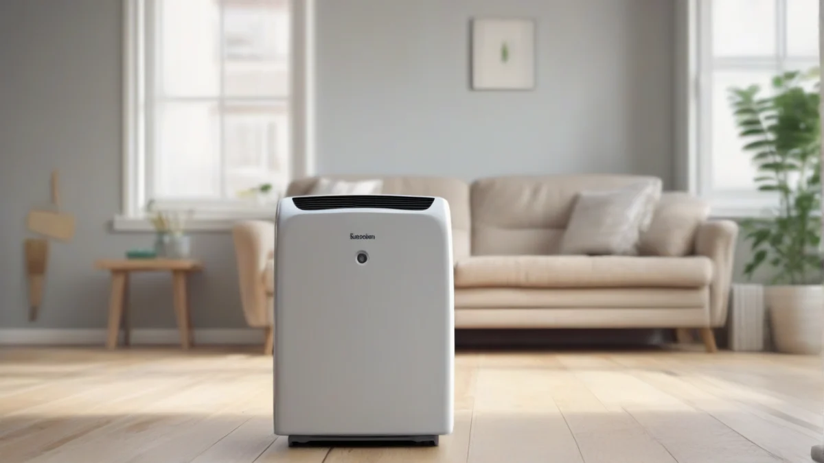 A dehumidifier positioned in a living room to control humidity