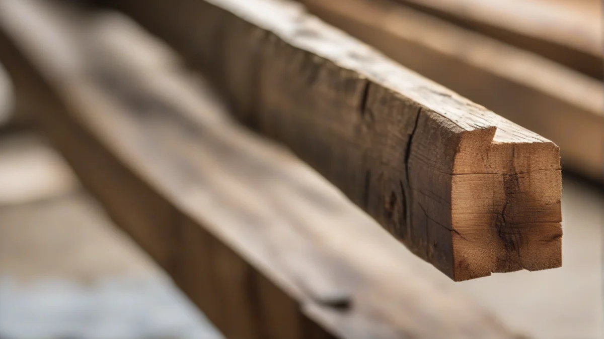 A wooden beam displaying expansion and checking due to moisture changes
