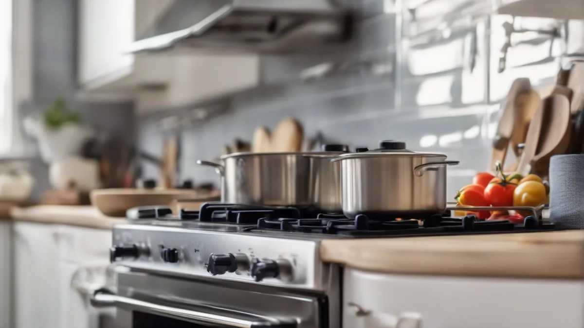 A kitchen gas stove with burners and knobs, unused