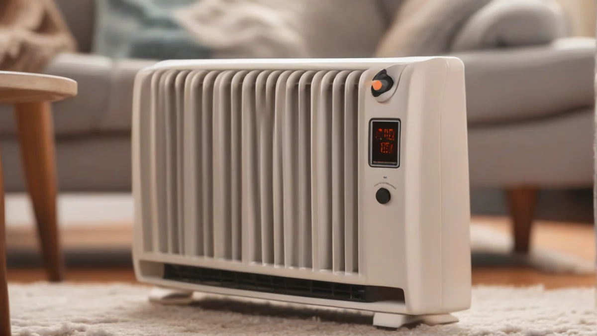 A plug-in electric space heater placed safely on the floor