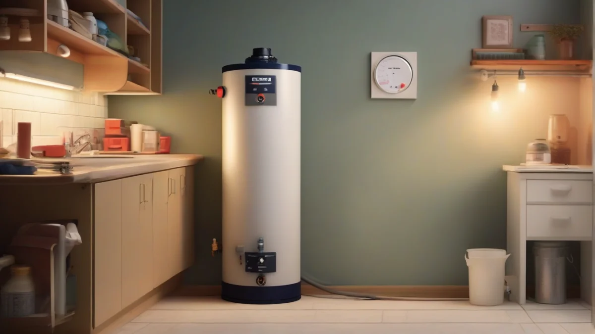 A standard electric water heater tank in a utility room.