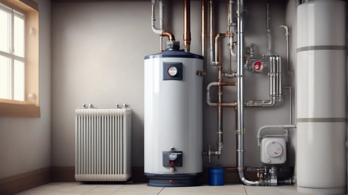 A water heater with shut-off valves clearly visible.