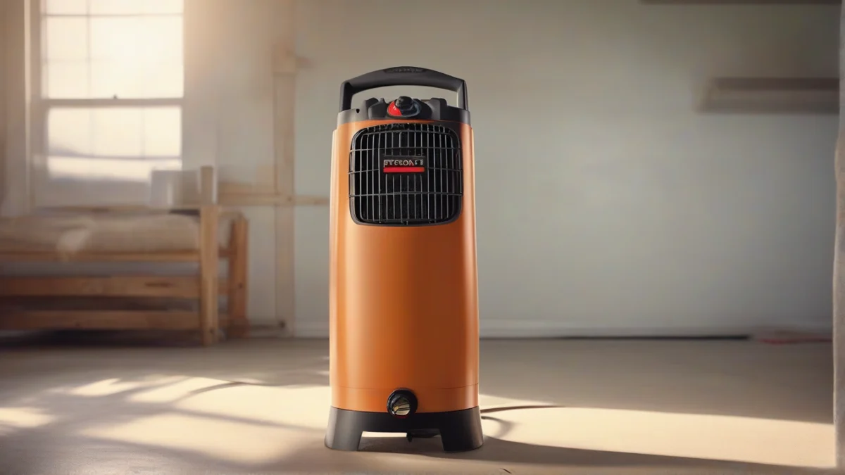 A propane heater with visible safety venting features in a garage space.