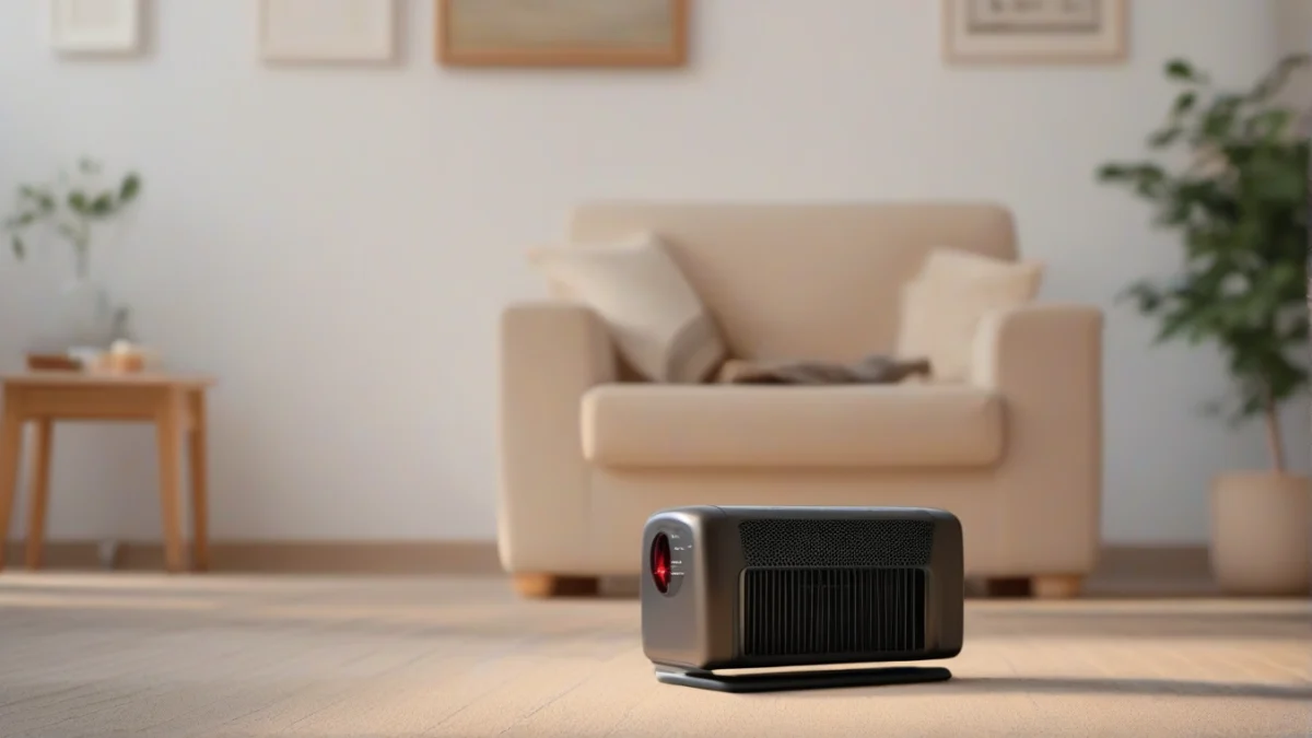 A compact portable space heater positioned safely on a wooden floor