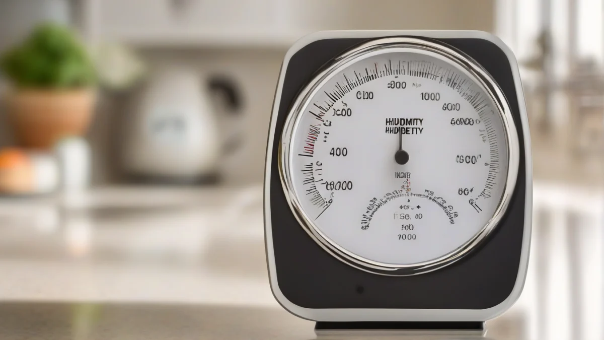 A hygrometer displaying humidity levels in a kitchen environment.