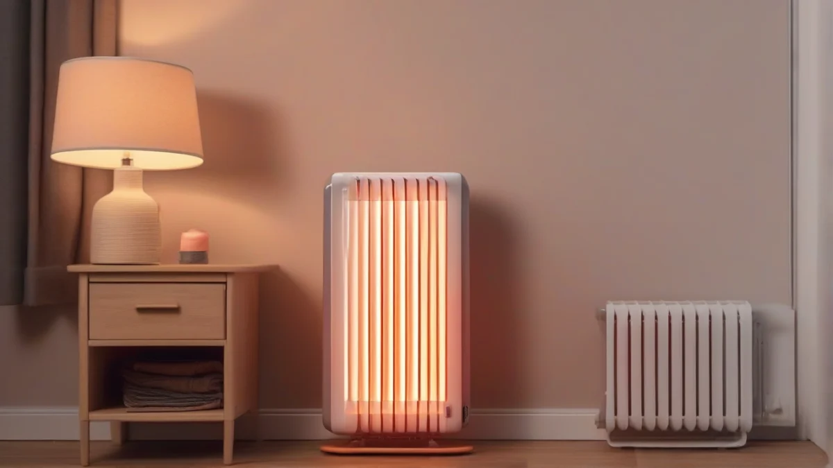 An infrared heater positioned near a bed in a neatly arranged bedroom.