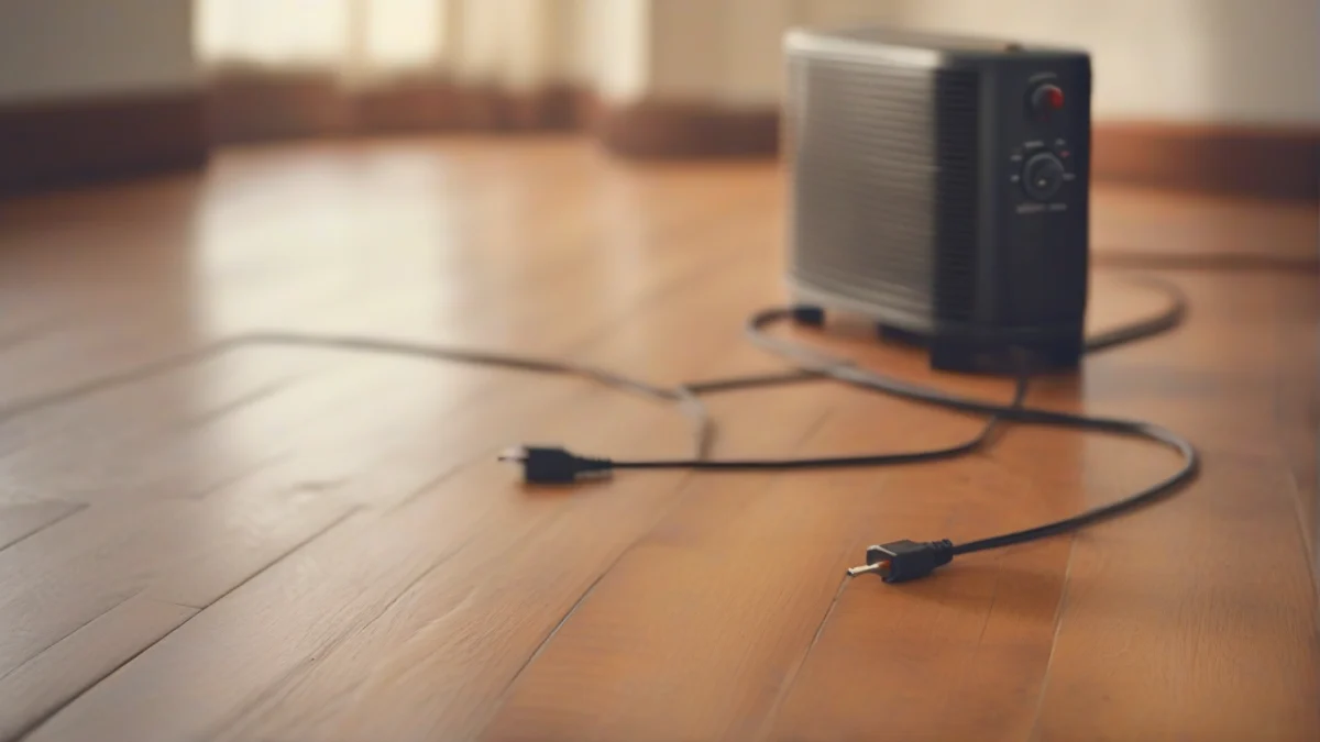 Close-up view of a damaged power cord from a space heater.