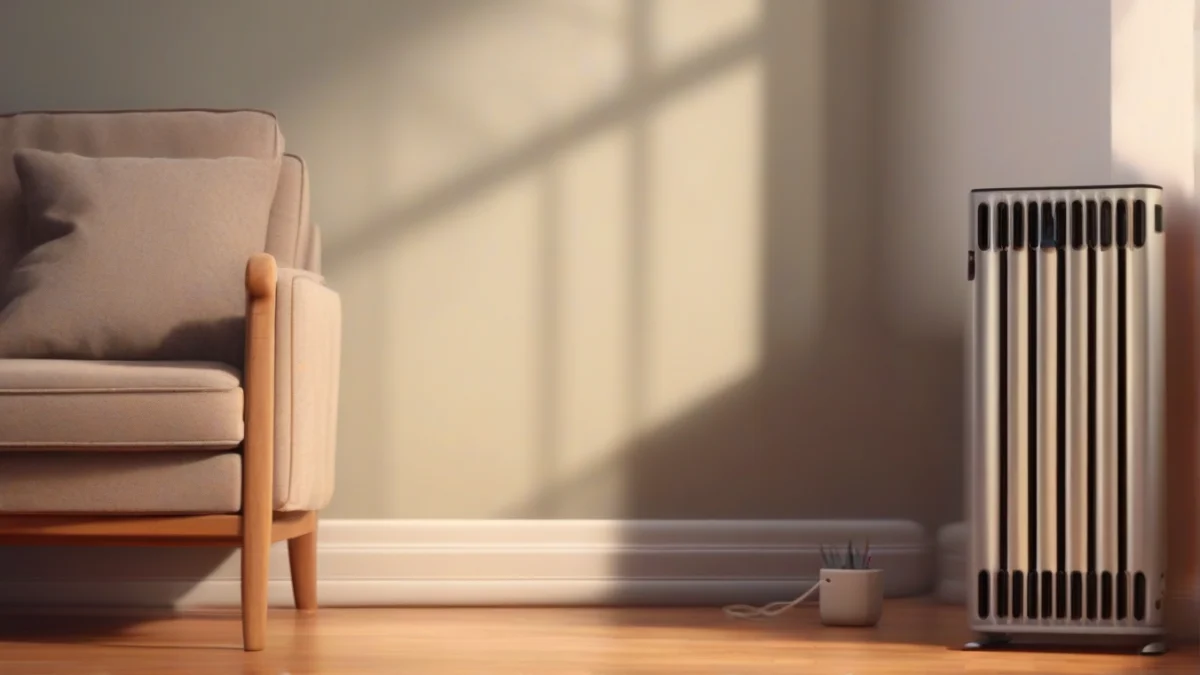 A space heater plugged into a standard wall outlet in a living room.