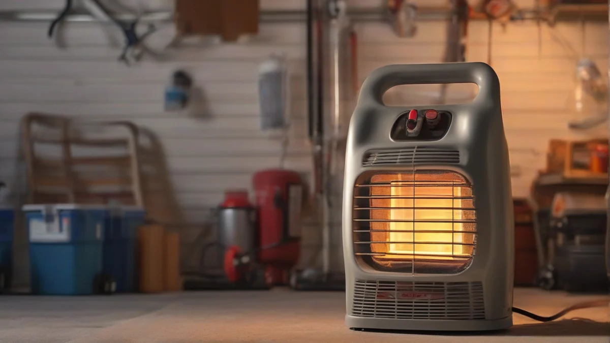A propane heater positioned safely in a garage space.