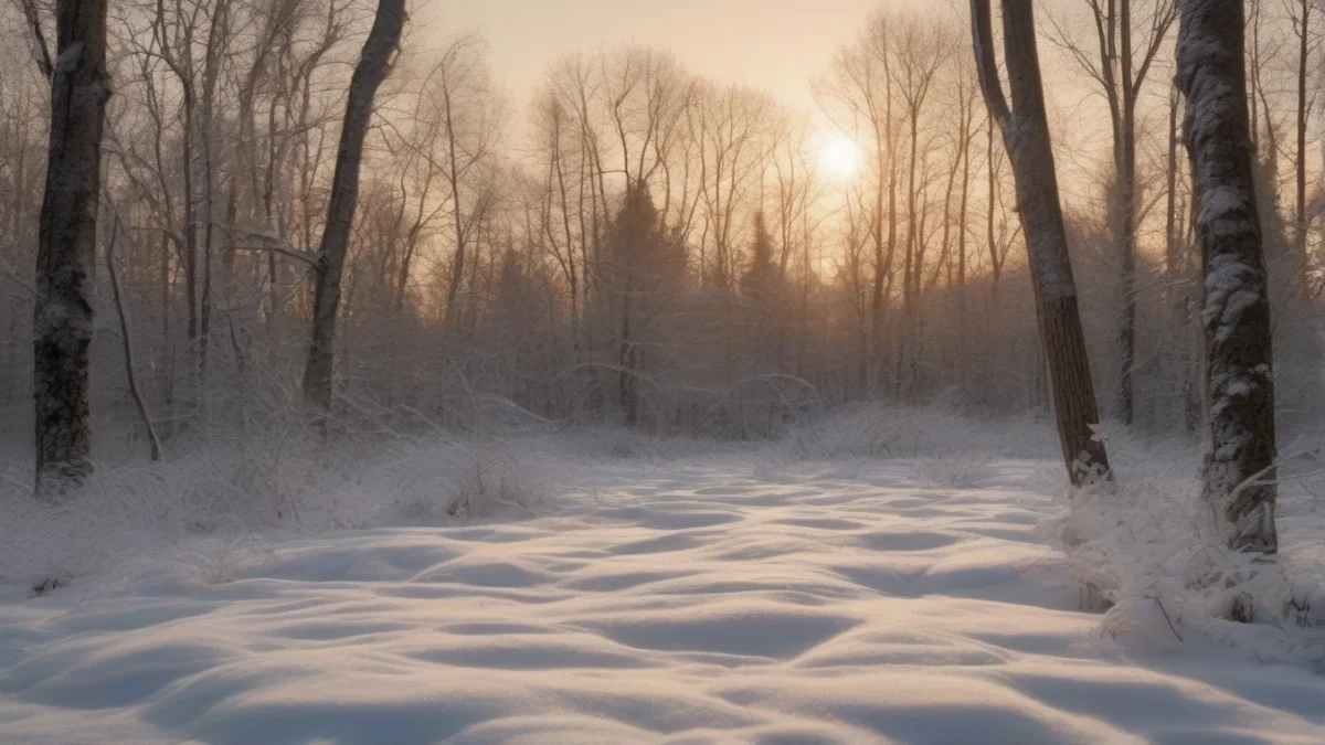 A forest scene showing snow melting in patches on the ground