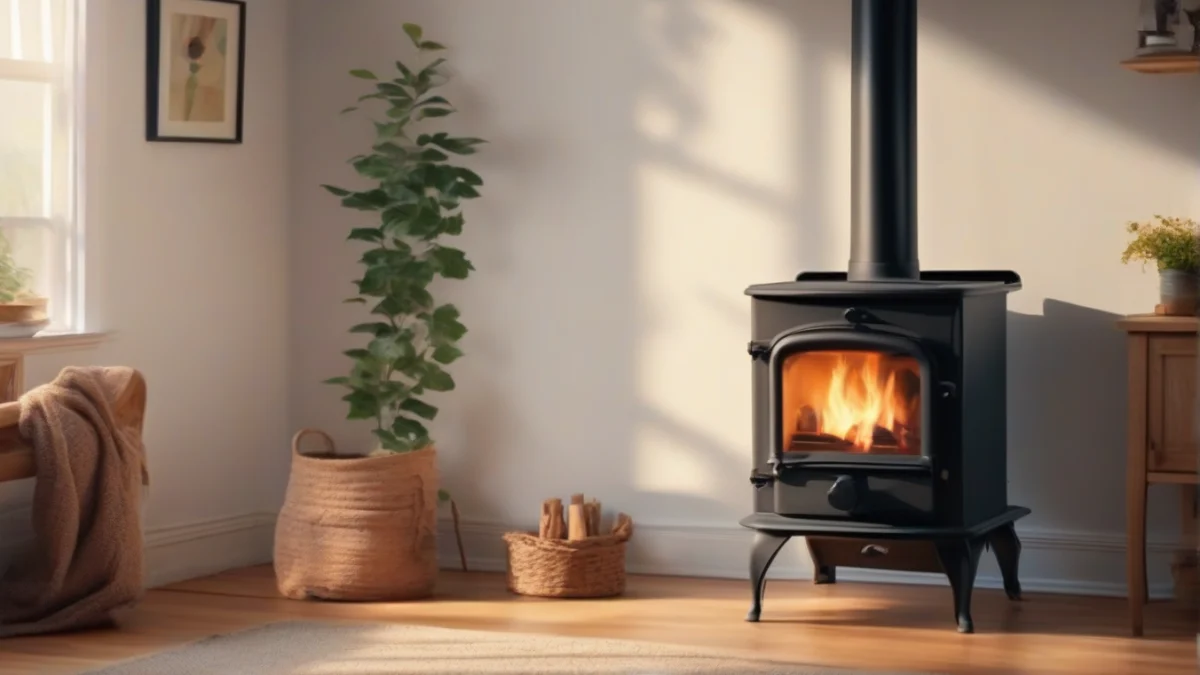 A large wood fire stove positioned in a well-decorated living room.