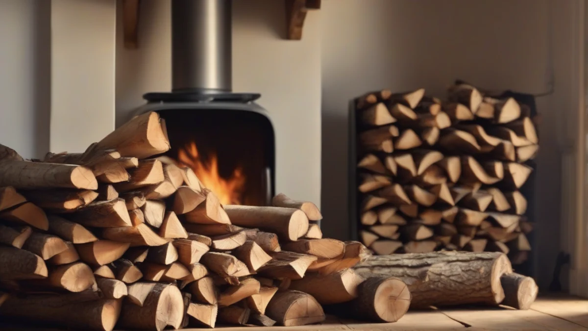 A stack of neatly arranged firewood logs next to a large wood stove.