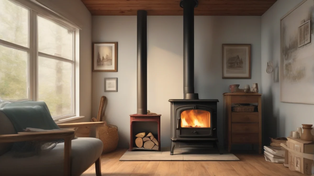 A wood stove placed safely with adequate clearance from surrounding furniture